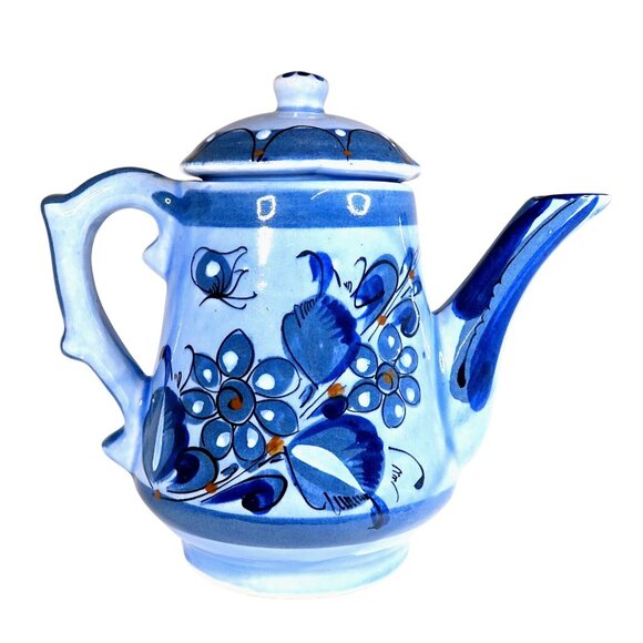 Tonala Blue Bird & Butterfly Teapot with Lid Vintage Signed Mexican Pottery - Picture 3 of 9